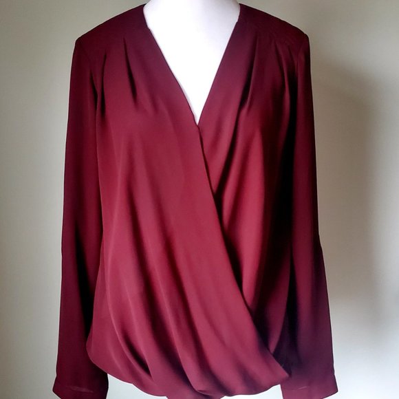 LADY DUTCH Crimson Red Drapey Crossover Blouse Long Sleeves Shoulder Detailing - Picture 2 of 8